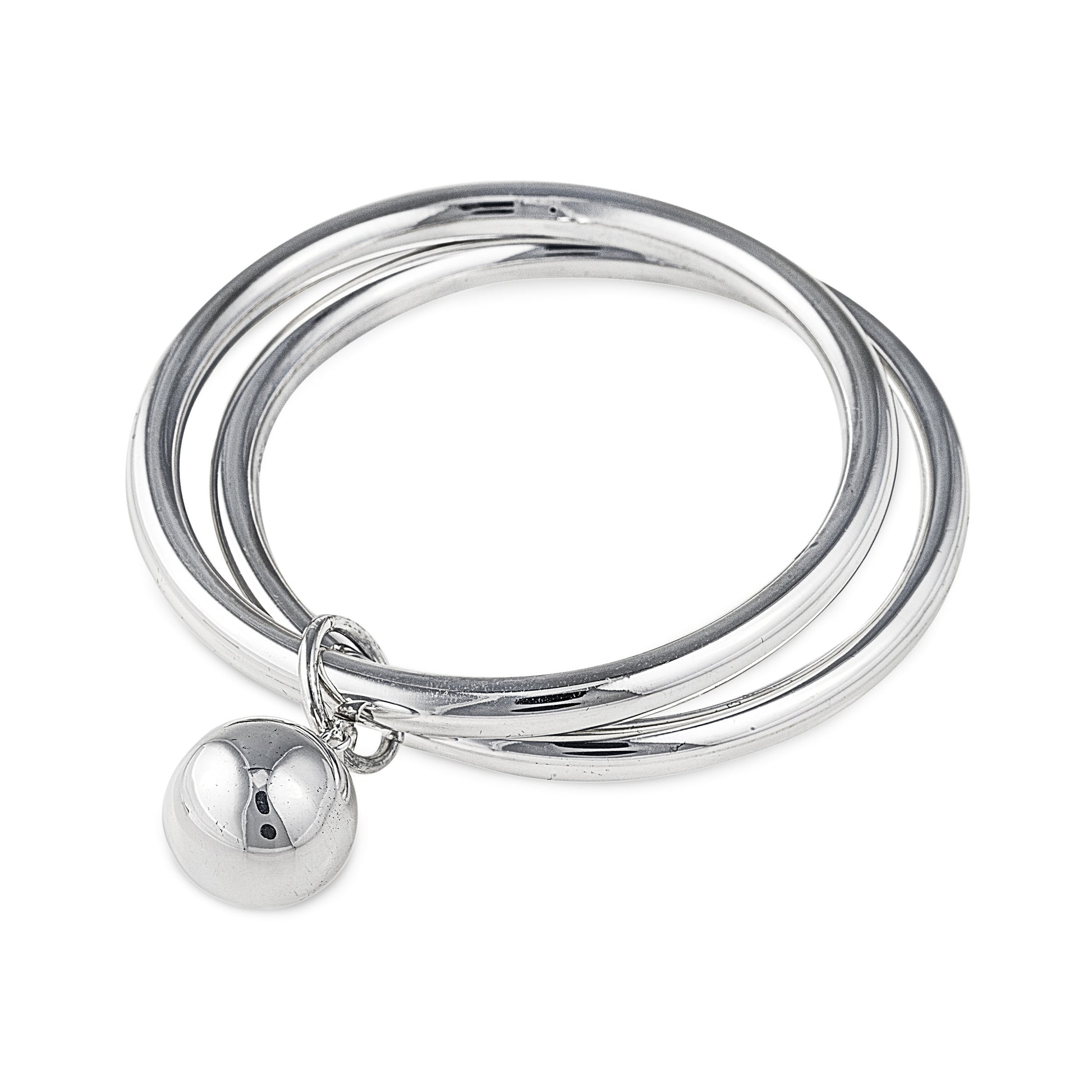 Luna Eclipse Bangle in 925 Sterling Silver & Large Silver Ball Charm. Made up of 2 separate bangles connected by a silver loop. Worldwide shipping. Affordable luxury jewellery by Bellagio & Co.