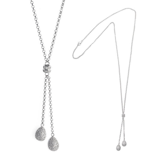 The stunning long Diva Teardrop Necklace in 925 sterling silver features two teardrops encrusted with clear cubic zirconia stones for a wow factor. Shop Bellagio & Co Jewellery Online. Worldwide shipping from Australia.